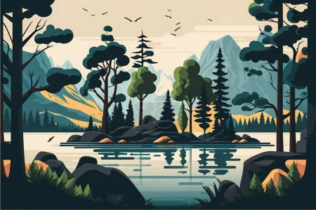 Envoûtant paysage de lac de montagne avec des arbres luxuriants : Illustration vectorielle plate avec l'espace de médias sociaux