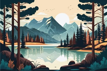 Paisaje fascinante del lago de montaña con árboles exuberantes: Ilustración de vectores planos con espacio de redes sociales