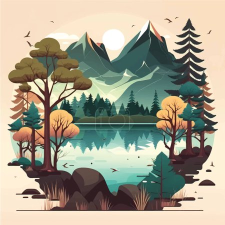 Faszinierende Gebirgssee-Landschaft mit üppigen Bäumen: Flache Vektorillustration mit Social Media Space