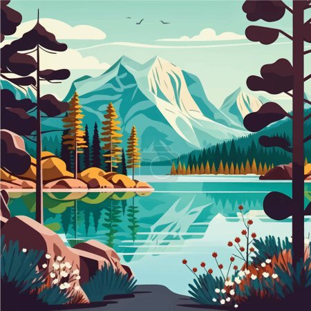 Ilustración de Paisaje fascinante del lago de montaña con árboles exuberantes: Ilustración de vectores planos con espacio de redes sociales - Imagen libre de derechos