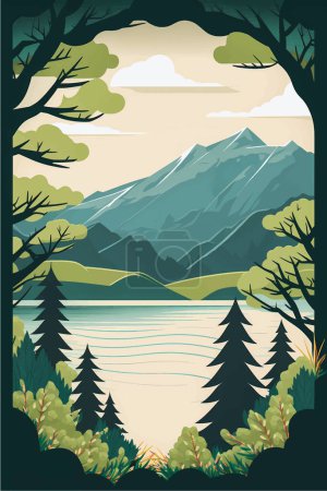 Illustration for Mesmerizing Mountain Lake Scenery with Lush Trees: Flat Vector Illustration with Social Media Space - Royalty Free Image