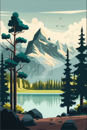 Paisaje fascinante del lago de montaña con árboles exuberantes: Ilustración de vectores planos con espacio de redes sociales