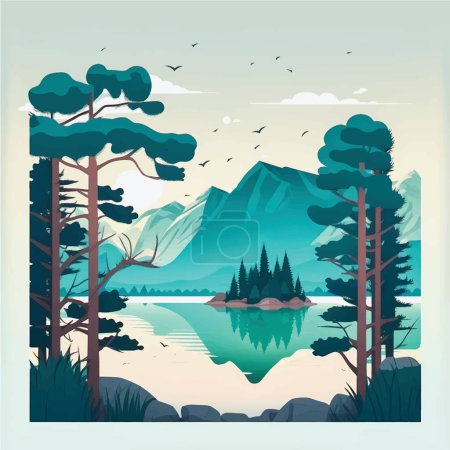Envoûtant paysage de lac de montagne avec des arbres luxuriants : Illustration vectorielle plate avec l'espace de médias sociaux