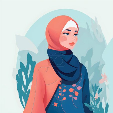Illustration for Hijab girl Illustrations: Flat Cartoon Style Depicting Modestly Dressed Classy Women - Royalty Free Image