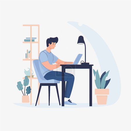 Illustrazione per Streamlined Home Office Vector Art: Stile piatto Illustrazione di un uomo che lavora sul computer portatile sullo sfondo bianco - Immagini Royalty Free
