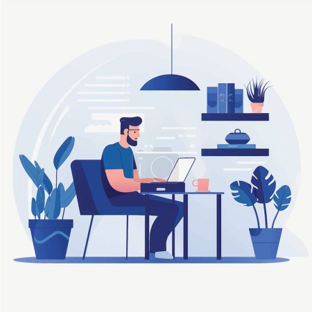 Illustrazione per Streamlined Home Office Vector Art: Stile piatto Illustrazione di un uomo che lavora sul computer portatile sullo sfondo bianco - Immagini Royalty Free