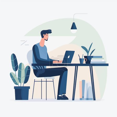 Illustration for Streamlined Home Office Vector Art: Flat Style Illustration of a Man Working on Laptop Against White Background - Royalty Free Image