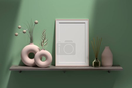 Foto de Mockup template with blank A4 frame, decorative porcelein vases on wooden shelf next to green wall. 3d render. - Imagen libre de derechos