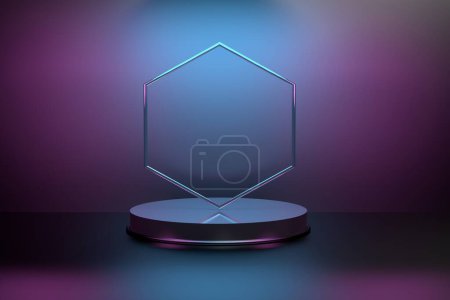 Foto de Presentación del producto pedestal de podio con forma de hexágono sobre fondo púrpura neón. 3d renderizar. - Imagen libre de derechos