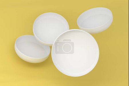 Photo for Plates Dishes mockup template with many flying dishes on yellow background. 3d render. - Royalty Free Image