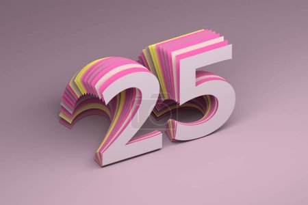 Greeting card with year 25 number on pink background. 3d render.