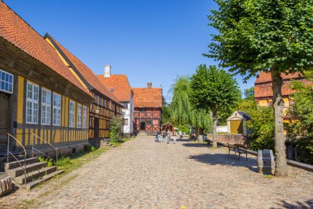 Kopfsteinpflasterstraße mit historischen Häusern in der Altstadt von Aarhus, Dänemark
