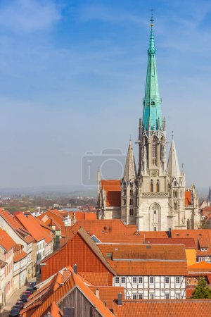 Aerial view of the historic Marienkirche church in Muhlhausen, Germany