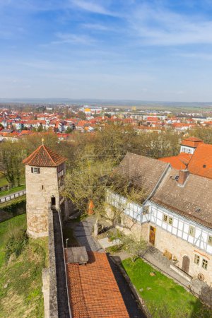 Aerial view of the Hospital tower in the city wall of Muhlhausen, Germany