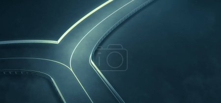 Photo for Turning point strategy choice - Rendering of a blue green crossroads with white road lines and guardrail illuminated - Royalty Free Image