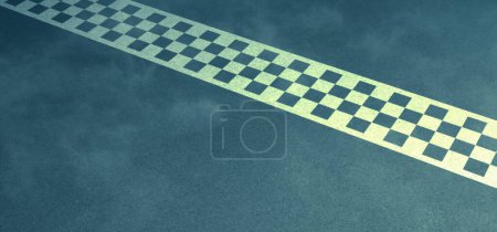 Photo for Race finish line - Rendering of blue green asphalt with white checkered line illuminated - Royalty Free Image
