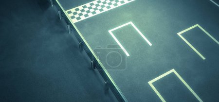 Photo for Lead position advantage - Rendering of blue green asphalt with white checkered starting line and first position illuminated - Royalty Free Image