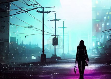 Lonely person walking along night city street AI generated image
