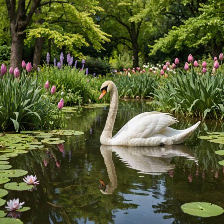 Elegant swan floating calmly on pond water against tulip flowers. Wild bird in beautiful garden