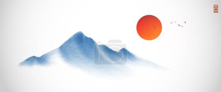 Minimalistische Landschaft mit blauen nebligen Bergen und großer roter Sonne auf weißem Hintergrund. Traditionelle orientalische Tuschemalerei sumi-e, u-sin, go-hua