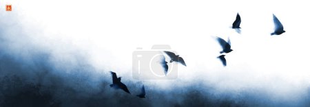 Ilustración de Una bandada de pájaros volando de la niebla azul. Tinta japonesa tradicional lavado pintura sumi-e. Traducción del jeroglífico - eternidad. - Imagen libre de derechos