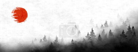 Ilustración de Misty forest mountains landscape. Traditional oriental ink painting sumi-e, u-sin, go-hua. - Imagen libre de derechos