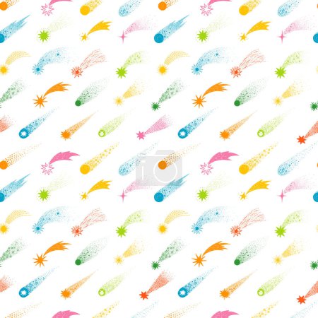 Téléchargez les illustrations : Cartoon sky background with colored shooting stars on white. Seamless space pattern with comets. Can be used for wallpaper, pattern fills, textile, web page background, surface textures - en licence libre de droit