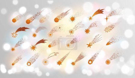 Illustration for Collection of doodle comets, meteorites and shooting stars on white glowing background. Vector sketch illustration - Royalty Free Image