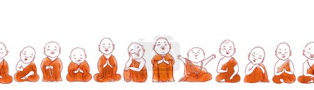 Ilustración de Seamless horizontal pattern with cute cartoon buddhist monks. Can be used for wallpaper, pattern fills, textile, web page background, surface textures - Imagen libre de derechos
