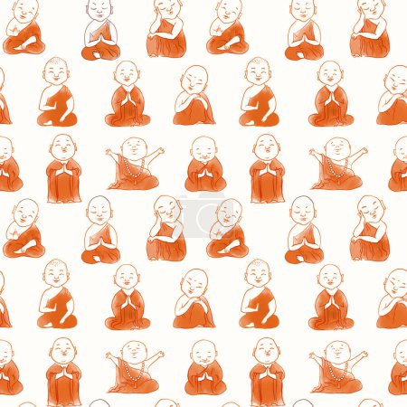 Ilustración de Seamless pattern with cute cartoon buddhist monks. Can be used for wallpaper, pattern fills, textile, web page background, surface textures - Imagen libre de derechos