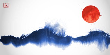 Illustration for Ink wash painting with big red sun over the blue sea wave. Traditional oriental ink painting sumi-e, u-sin, go-hua. Simple minimalist style. Translation of hieroglyph - eternity. - Royalty Free Image