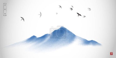 Schwalben fliegen über den blauen Berg. Traditionelle orientalische Tuschemalerei sumi-e, u-sin, go-hua. Hieroglyphe - Glück