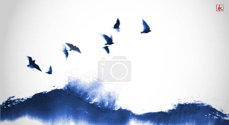 Illustration for Ink wash painting with flock of birds over the blue sea wave. Traditional oriental ink painting sumi-e, u-sin, go-hua. Simple minimalist style. Translation of hieroglyph - eternity - Royalty Free Image