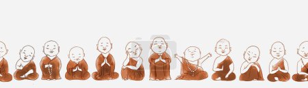 Ilustración de Seamless horizontal pattern with cute cartoon buddhist monks. Can be used for wallpaper, pattern fills, textile, web page background, surface textures - Imagen libre de derechos