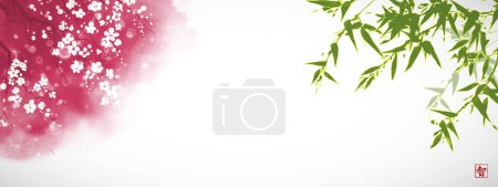 Téléchargez les illustrations : Fleur de sakura rose et bambou vert sur fond blanc Peinture traditionnelle à l'encre orientale sumi-e, u-sin, go-hua. Traduction du hiéroglyphe - fleur de sakura. - en licence libre de droit
