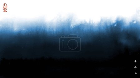 Illustration for Abstract blue ink wash painting. Traditional Japanese ink wash painting sumi-e. Hieroglyphs - peace, tranquility, harmony. - Royalty Free Image