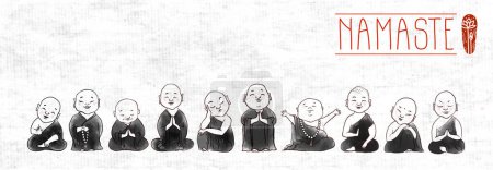 Ilustración de Lindos monjes budistas dibujados a mano con tinta sobre papel de arroz. Tinta oriental tradicional pintura sumi-e, u-sin, go-hua sobre fondo de papel de arroz. Ilustración con Jizo deidad japonesa. - Imagen libre de derechos