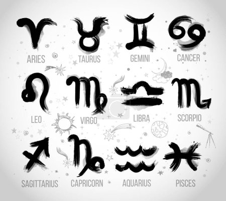 Illustration for Zodiak icon signs set hand drawn with ink on white background. Astrology symbols, horoscope. Vector illustration - Royalty Free Image