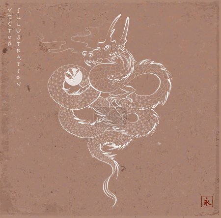 Hand drawn image of oriental dragon on brown parcel paper background. Translation of hieroglyph - eternity.
