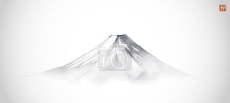 Illustration for Ink painting of Fujiyama mountain on white background. Traditional oriental ink painting sumi-e, u-sin, go-hua. Translation of hieroglyph - well-being. - Royalty Free Image