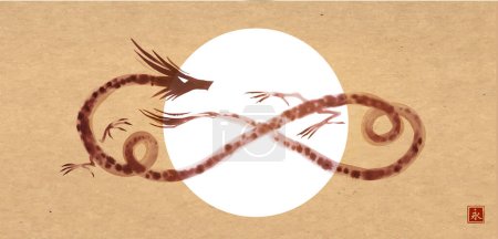 Ilustración de Pintura de lavado de tinta de dragón chino y la luna sobre fondo de papel vintage. Tinta oriental tradicional pintura sumi-e, u-sin, go-hua. Símbolo del año 2024. Jeroglíficos - eternidad. - Imagen libre de derechos