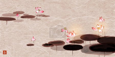Ilustración de Estanque tranquilo con flores de loto rosa sobre fondo vintage. Tinta oriental tradicional pintura sumi-e, u-sin, go-hua. Traducción del jeroglífico - alegría. - Imagen libre de derechos