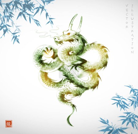 Ilustración de Pintura de lavado de tinta de dragón verde y bambú azul. Tinta oriental tradicional pintura sumi-e, u-sin, go-hua. Jeroglífico - dragón. - Imagen libre de derechos