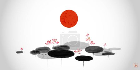 Ilustración de Gran sol rojo sobre el tranquilo estanque de loto. Tinta oriental tradicional pintura sumi-e, u-sin, go-hua. Traducción del jeroglífico - eternidad. - Imagen libre de derechos