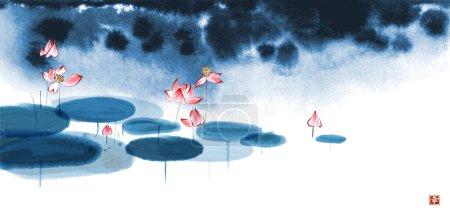 Ilustración de Silencioso estanque sombreado azul con flores de loto rosadas. Tinta oriental tradicional pintura sumi-e, u-sin, go-hua. Jeroglífico - felicidad - Imagen libre de derechos