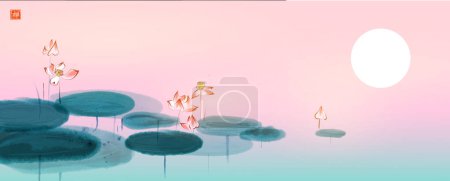 Ilustración de Estanque tranquilo con flores de loto de color rosa y fondo del amanecer. Tinta oriental tradicional pintura sumi-e, u-sin, go-hua. Traducción de jeroglíficos - zen. - Imagen libre de derechos