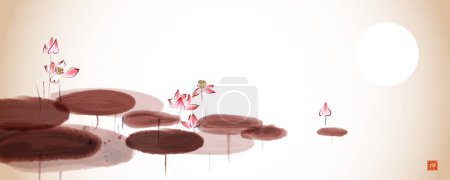 Ilustración de Estanque tranquilo con flores de loto rosa en estilo vintage. Tinta oriental tradicional pintura sumi-e, u-sin, go-hua. Traducción de jeroglíficos - zen. - Imagen libre de derechos