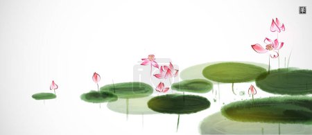 Ilustración de Flores de loto rosadas con hojas verdes en un estanque sereno sobre fondo blanco. Tinta oriental tradicional pintura sumi-e, u-sin, go-hua. Traducción de jeroglífico - flor. - Imagen libre de derechos