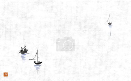 Ilustración de Pintura en tinta de barcos pesqueros de estilo minimalista. Tinta oriental tradicional pintura sumi-e, u-sin, go-hua sobre fondo de papel de arroz. Traducción de jeroglíficos - zen. - Imagen libre de derechos