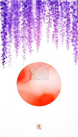 Illustration for Ink painting with a gentle red sun beneath cascading wisteria flowers. Traditional oriental ink painting sumi-e, u-sin, go-hua. Hieroglyph - love. - Royalty Free Image